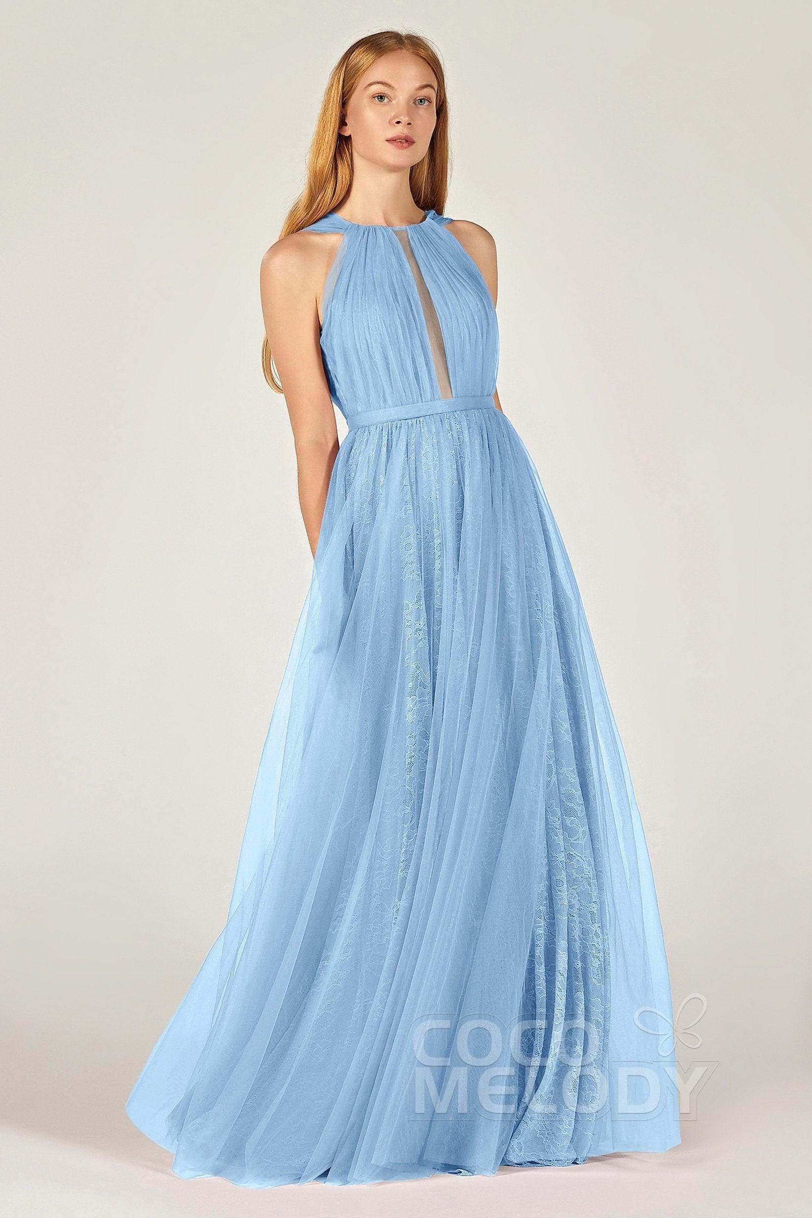 A-Line Floor Length Tulle/Lace Bridesmaid Dress CB0376CR - COCOMELODY